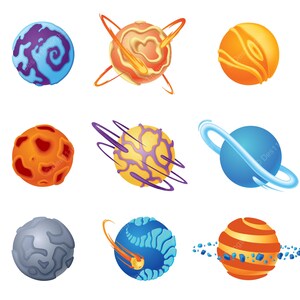 Puede incluir: Una colección de nueve ilustraciones de planetas esféricos distintos con texturas y colores variados, incluyendo una esfera jaspeada azul y morada, un planeta naranja con anillos, una superficie roja con cráteres y un planeta azul con anillos.