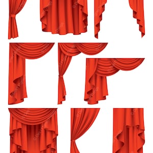 May include: A collection of nine distinct red curtain arrangements featuring various drapes, swags, and tie-back styles. Each set displays deep folds and realistic fabric textures in a vibrant red colour, showcasing different window treatment designs.
