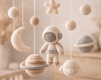 Crochet Baby Mobile, Space Nursery Mobile, Handmade Crib Mobile, Astronaut Baby Mobile, Neutral Nursery Decor, Cotton Baby Gift