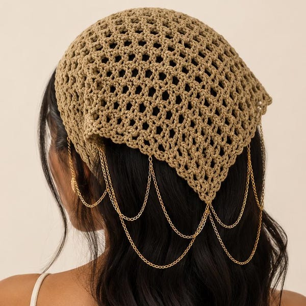 Crochet Bandana Head Scarf, Gold Chain Hair Scarf, Boho Head Kerchief, Festival Hair Accessory, Handmade Summer Headwrap