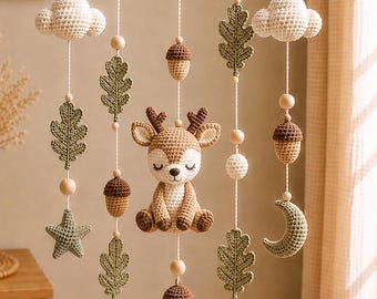 Crochet Deer Baby Mobile, Woodland Nursery Mobile, Boho Crib Mobile, Deer Nursery Decor, Forest Baby Shower Gift Neutral