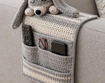 Crochet Dog Sofa Armrest Organizer, Handmade Couch Caddy with Pockets, Remote Holder, Cup Holder, Cute Puppy Home Decor Gift