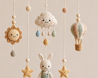 Móvil para cuna de bebé, móvil neutro para habitación infantil con conejito, sol, nube y globo aerostático, móvil de ganchillo para bebé, decoración bohemia para habitación infantil, regalo para baby shower