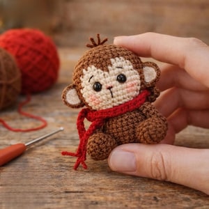 May include: A crocheted brown monkey with a light brown face, ears, and a red scarf. The handmade monkey has black eyes and pink cheeks. A ball of red yarn and a crochet hook are in the background. The monkey is a handmade item.
