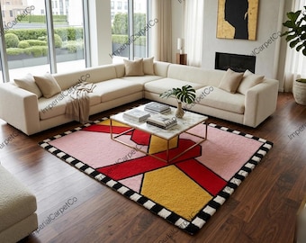 Handmade Tufted Abstract Geometric Rug, Modern Red Pink Area Rug, Checker Border Carpet, Contemporary Living Room Rug, uxury Statement Floor
