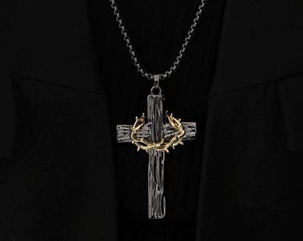 Schwarz Gold Thorn Kreuz Halskette für Männer Frauen, High Street Gothic Kruzifix Anhänger, Unisex Grunge Pullover Kette, Original Designer Geschenk