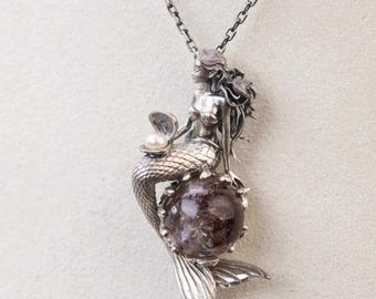 Pendentif princesse sirène vintage en argent S925, collier quartz fantôme petite sirène, bijoux en perles de conte de fées, cadeau pour petite amie, gothique