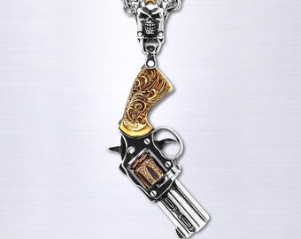 925 Sterling Silber Revolver Halskette, Wiedergeburt Handpistole Anhänger, Retro Gothic Gun Schmuck für Männer, 520 Valentine Geschenk für Ihn, Punk Rock