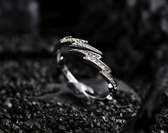 Blitz Bolt Ring Iced Out Pave Diamant Ring Edelstahl Silber Punk Schmuck Zarte Einstellbar Offener Ring Einzigartige Unisex Paar Geschenk