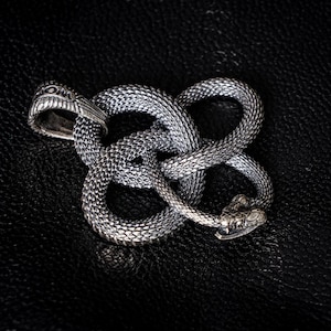 Può includere: Un ciondolo a forma di serpente color argento con dettagli di squame intricati. Il serpente è avvolto in un nodo, con la testa e la coda che si toccano. Il ciondolo è probabilmente in metallo e su sfondo scuro.