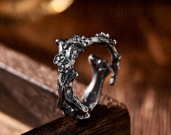 Bague fleur de prunier en argent sterling S999 vintage chinoise, bague réglable florale rétro faite main, cadeau bijoux orientaux traditionnels