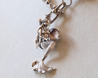 Collier sirène vintage original, pendentif conte de fées fille de la mer, bijoux en pierre fantôme naturelle, cadeau d'anniversaire unique pour petite amie