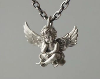 Vintage 925 Sterling Silber Engel Anhänger, Retro Cupid Halskette mit Flügel, Schutzengel Schmuck für Männer & Frauen, Cherub Charm
