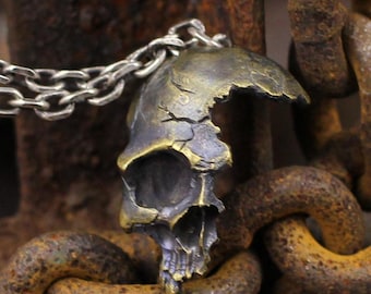Pendentif gothique demi-tête de mort fait main, bijoux en argent sterling 925, laiton, cuivre, collier punk biker artisanal vieilli robuste