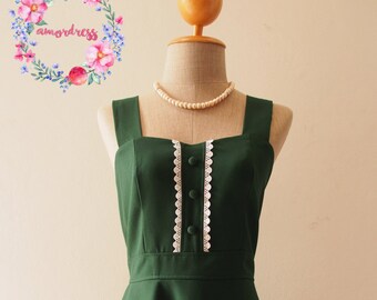 VIENNA- Forest Green Bridesmaid Dress Formal preppy retro old money women outfit Fit and Flare Party Vintage Swing modest midi Dress