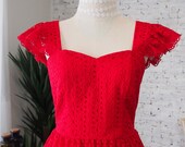 Red Sundress Summer Dress Sleeve Dress Party Dress Red Lace Dress Bridesmaid Dress Sweetheart Dress Ruffle Straps Vintage Style Swing Dress