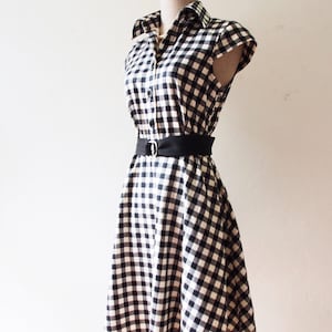 Summer Dress Black Gingham Dress Cap Sleeve Shirt Dress Swing Skirt Fit and Flare Vintage Sundress Mod Belt Black Dress DOWNTOWN image 5