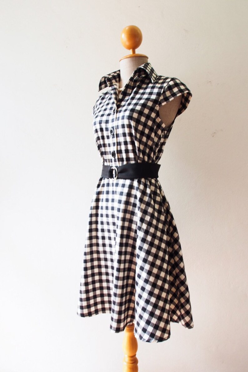 Summer Dress Black Gingham Dress Cap Sleeve Shirt Dress Swing Skirt Fit and Flare Vintage Sundress Mod Belt Black Dress DOWNTOWN image 5