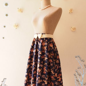 Navy Floral Skirt Rose Skirt Summer Skirt Swing Pastel Skirt Dancing Skirt Cotton Midi Skirt Vintage Floral Skirt Size S-M image 4