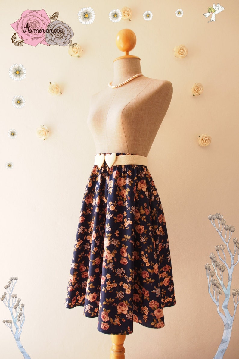 Navy Floral Skirt Rose Skirt Summer Skirt Swing Pastel Skirt Dancing Skirt Cotton Midi Skirt Vintage Floral Skirt Size S-M image 4