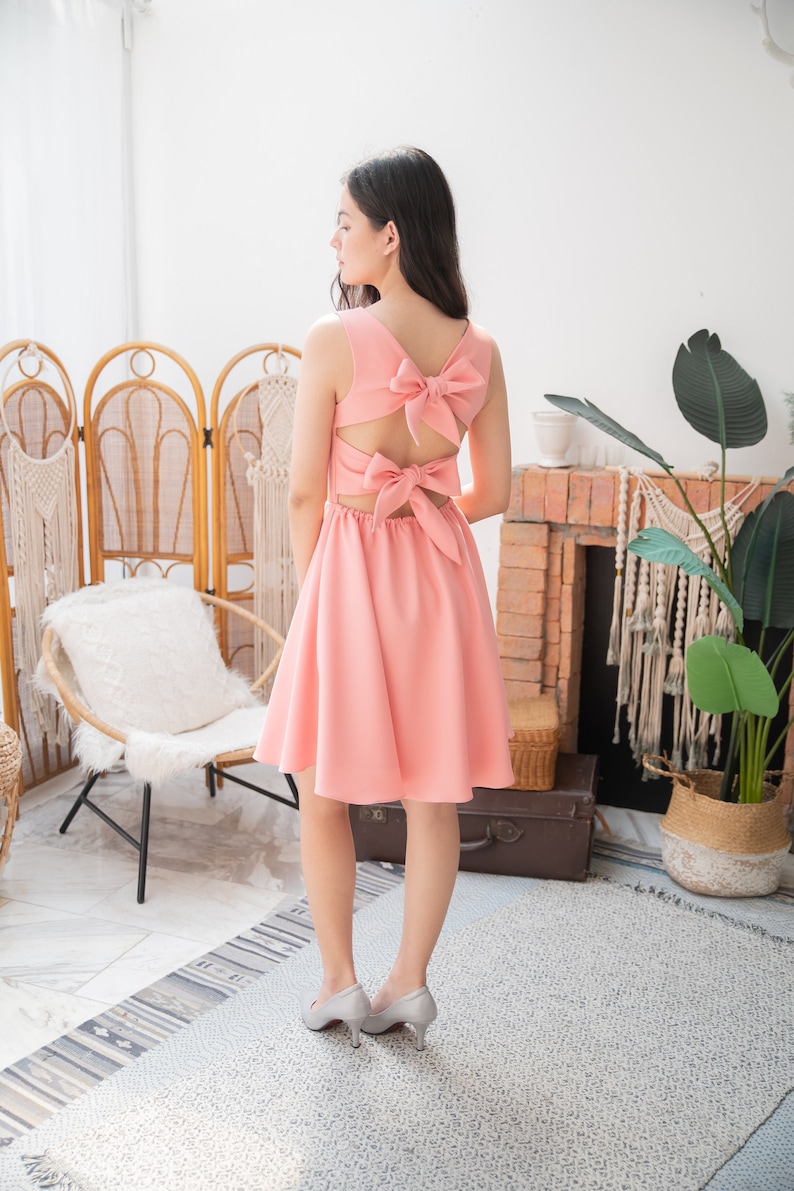 Ella Dress Caramel Brown Back bow party dress vintage retro Khaki bridesmaid gown summer fashion sundress swing cute twin bow quirky design