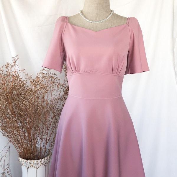 Blush Pink Dress Swing Party Dress Summer Office Wear Flare vintage women clothing Vintage Sundress Bridesmaid Dress-Monet