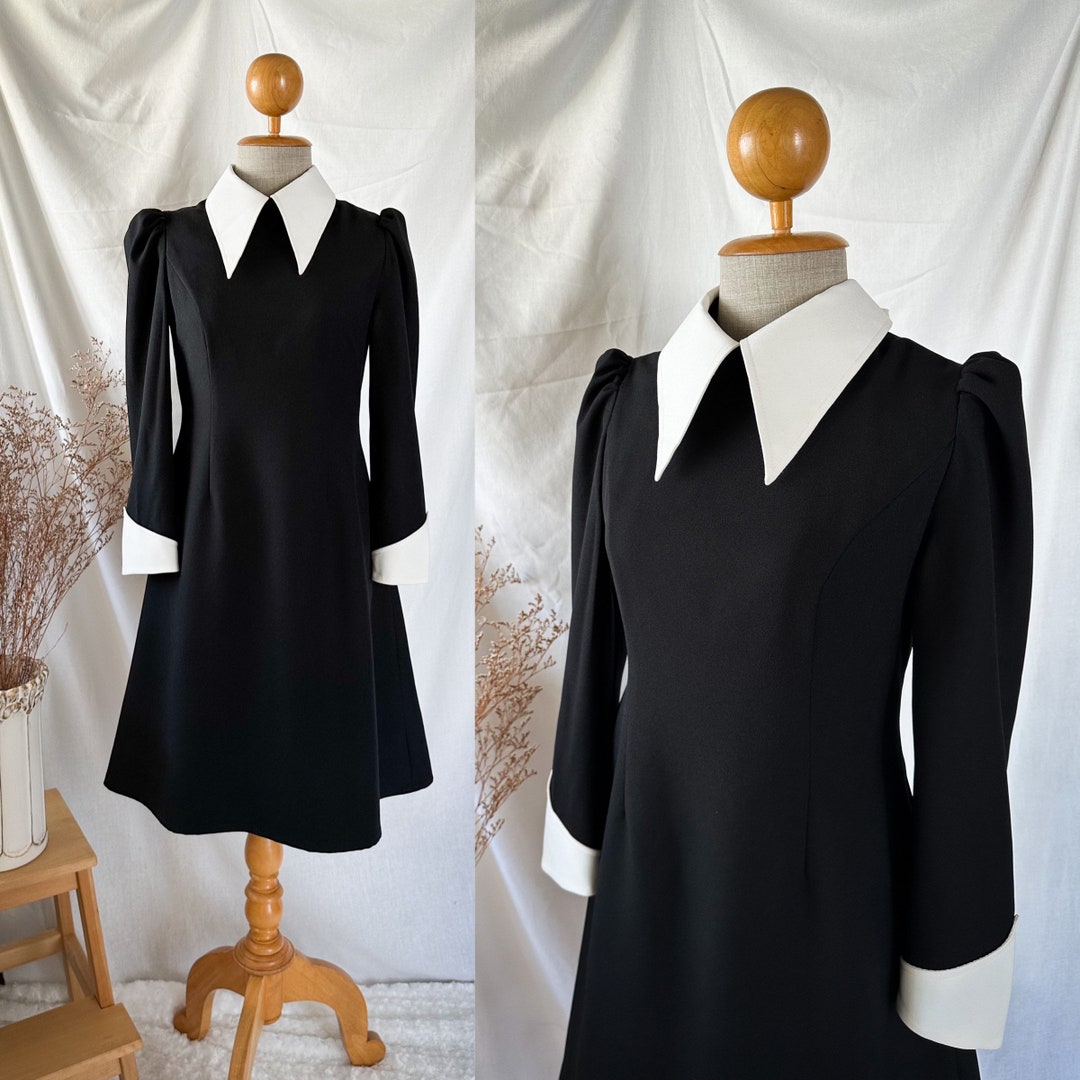 Wednesday Black Dress White Long Collar Women Halloween Costume Modest