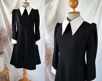 Wednesday black dress white long collar women Halloween costume modest formal dress quirky grunge old money vintage girl outfit