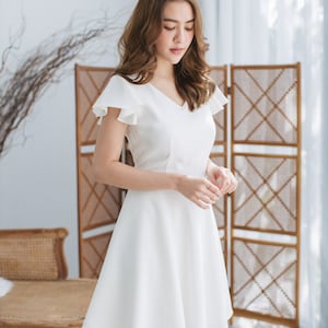 White bridesmaids Dress simple wedding gown ruffle sleeve old money preppy retro summer Sundress Vintage Prom Dress graduation-Alita