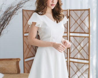 White bridesmaids Dress simple wedding gown ruffle sleeve old money preppy retro summer Sundress Vintage Prom Dress graduation-Alita