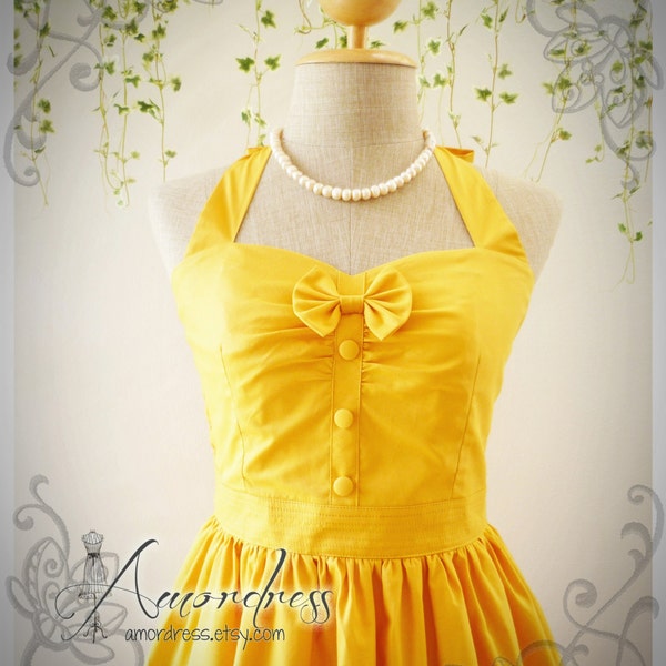 The Goddess Yellow Dress Mustard Dress Vintage Inspired Party Dress Tea Party Garden Dress Bridesmaid Wedding  -Size XS,S,M,L,XL,CUSTOM)-