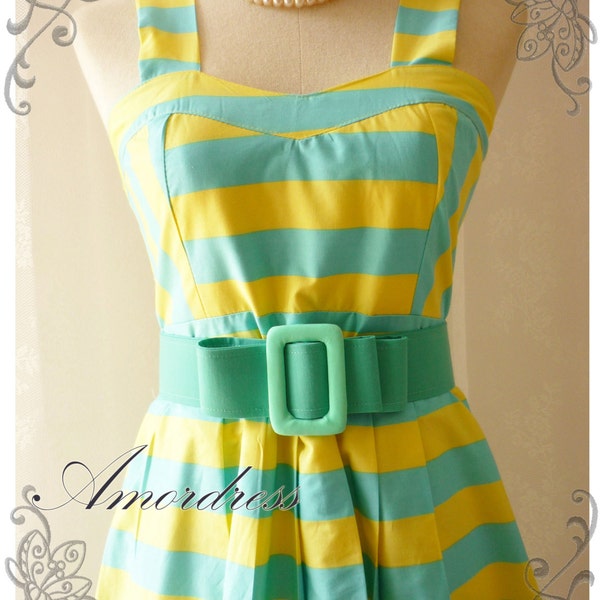 Summer Dress Popping Blue Yellow Retro Stripe Cotton Vintage Inspired Party Tea Dress Cute Dress -Size M-