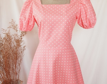 Pink Polka Dot Summer pink Dress school dance dress Vintage Sundress Puff Sleeve Modern Dutchess Dress Romantic Picnic in Garden Dress