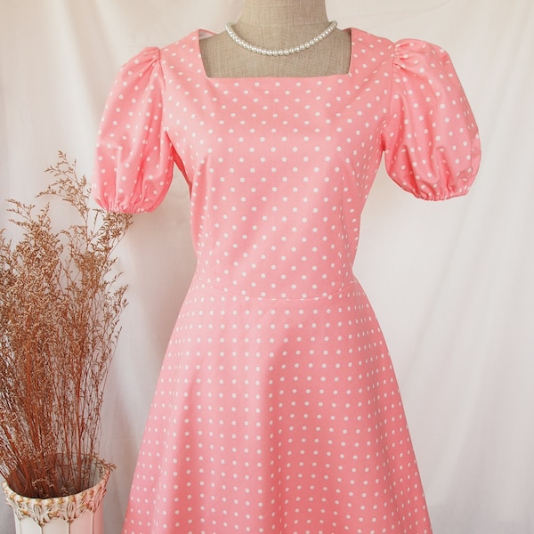 Pink Polka Dot Summer pink Dress school dance dress Vintage Sundress Puff Sleeve Modern Dutchess Dress Romantic Picnic in Garden Dress