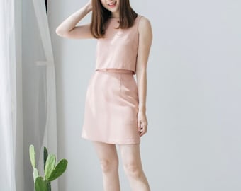 Stella- Old Rose Pink Crop Top and Skirt Set Women capsule Wardrobe Formalwear reinvented Office Look Summer Mod A Line Skirt with Crop Top