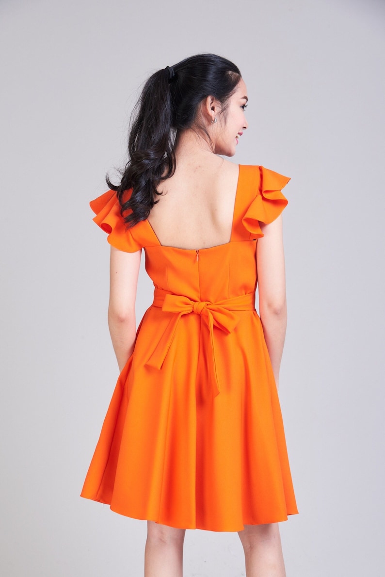 OLIVIA Orange Dress Orange Bridesmaid Dress Swing Dance Dress Tangerine Dress Ruffle Sleeve Sundress Sweetheart Prom Dress Summer Dress image 2