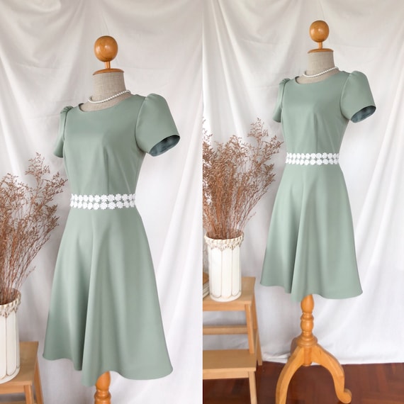 Bloom Sage Green Sundress Sleeve Dress Floral Summer Dress Elegant Classic  Office Wear Swing Skirt With Floral Lace Bridesmaid Party Dress 