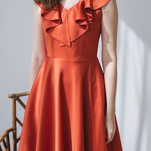 Brick Orange Dress Bridesmaid Copper Evening Dress Vintage Inspired Dress Party Dress Summer Dress V Neck Ruffle Dress  - Blake