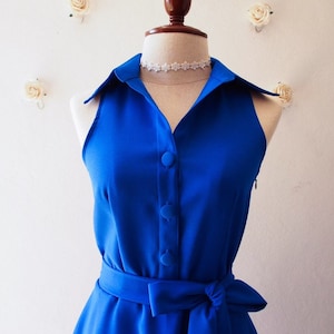 Downtown- Royal Blue midi Dress Summer picnic women clothing retro preppy blue timeless shirt dress vintage sundress