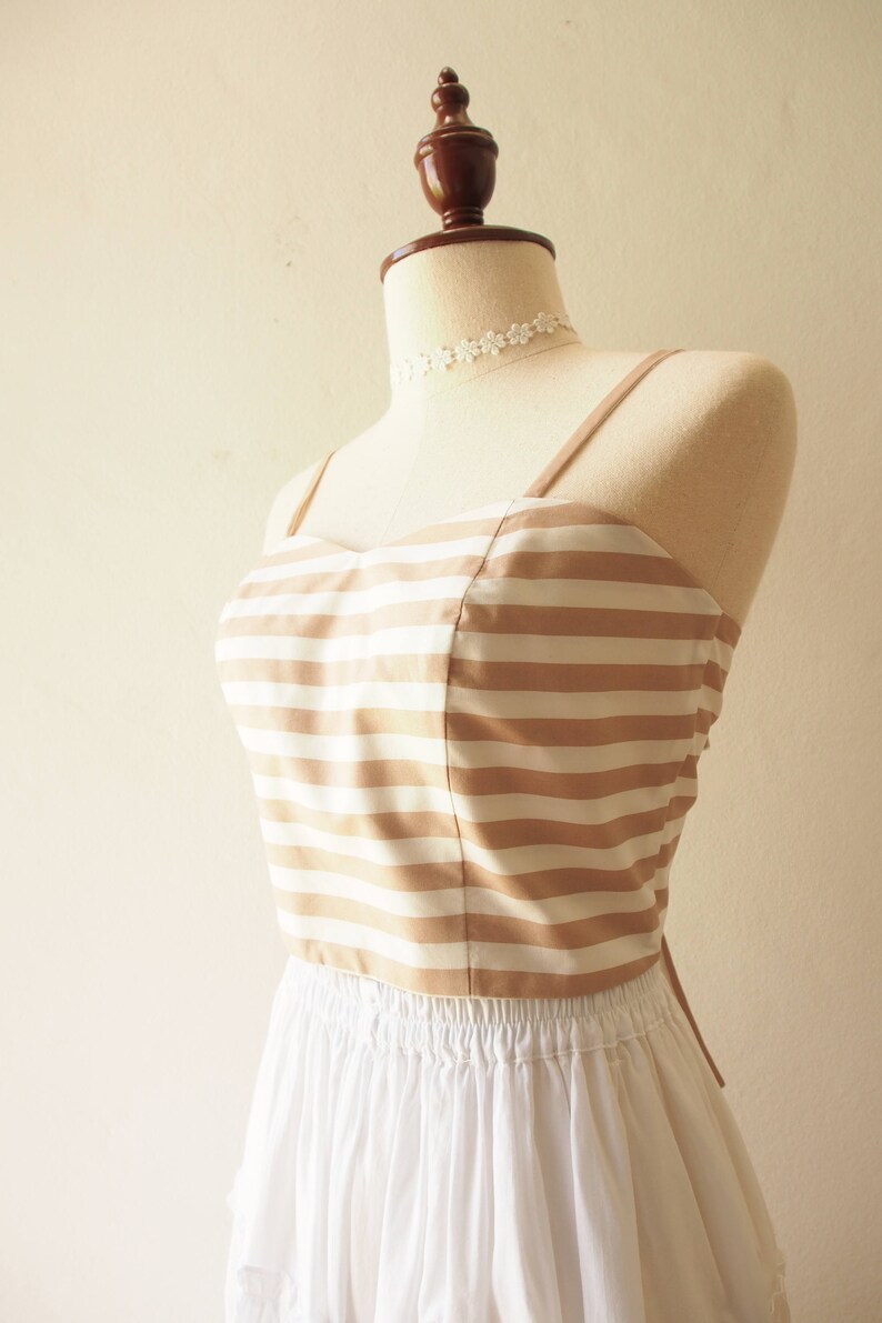 Spaghetti Straps Top Long Bow Crop Top Mocha Brown Stripe Back Self-Tie Bow Beach Holiday Clothing