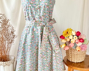 Blue floral summer dress retro vintage sundress picnic holiday Halloween costume shirt collar dress amordress