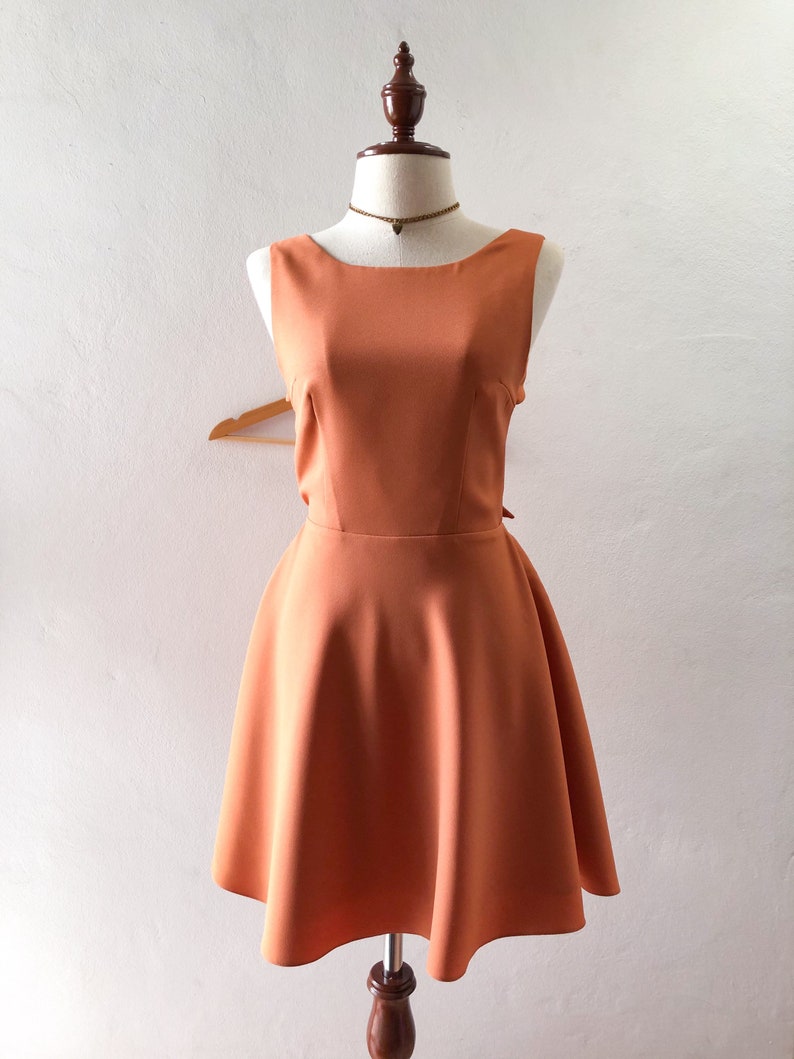 Ella Dress Caramel Brown Back bow party dress vintage retro Khaki bridesmaid gown summer fashion sundress swing cute twin bow quirky design