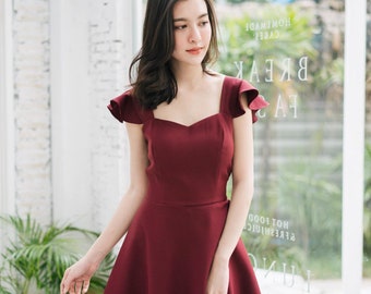 Olivia - Burgundy Dress Bridesmaid dress capsule wardrobe dark red Prom Swing Dress Formal Cocktail Wedding Summer Dress Vintage sundress