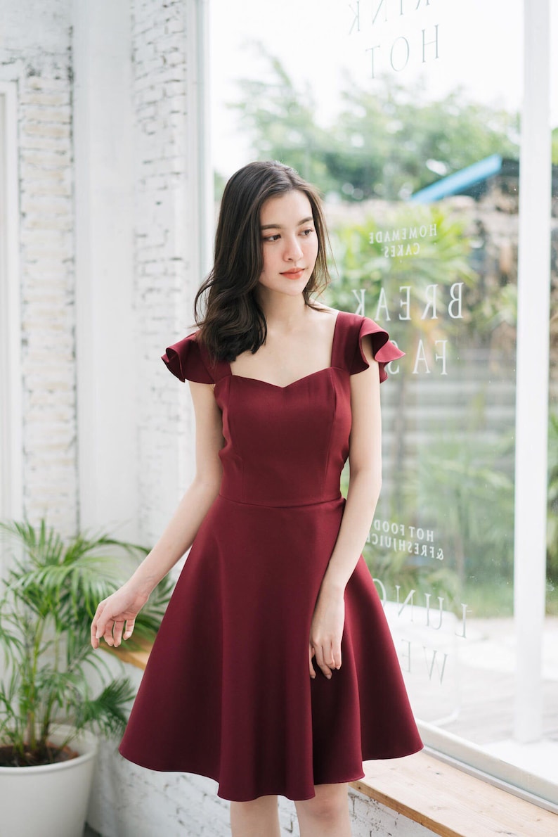 Olivia Burgundy Dress Bridesmaid dress capsule wardrobe dark red Prom Swing Dress Formal Cocktail Wedding Summer Dress Vintage sundress zdjęcie 1