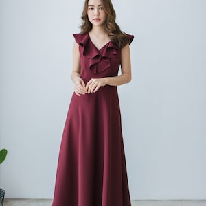 Long burgundy dress dark red v neck ruffle old money luxury style women prom party clothing