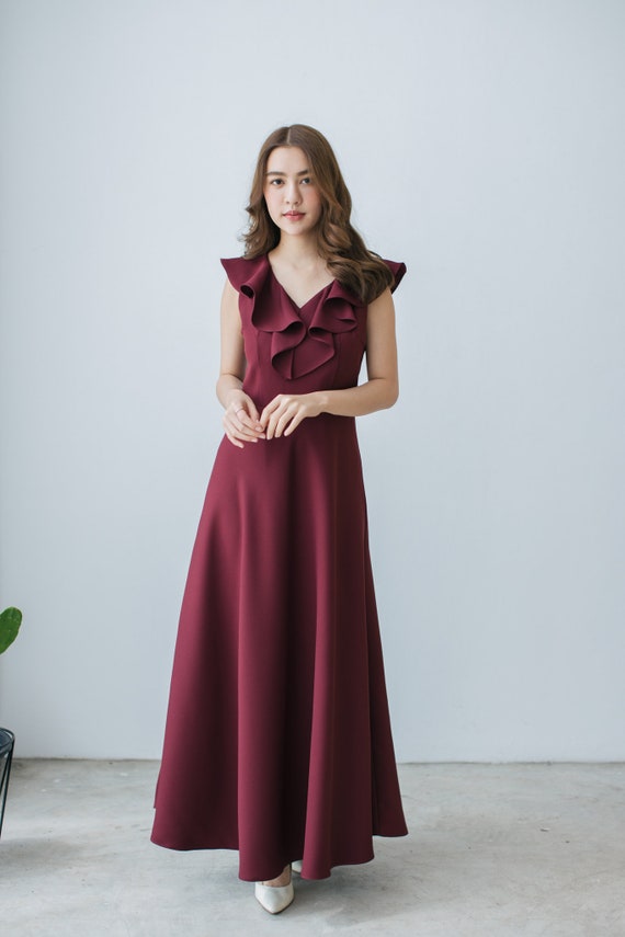 maroon ruffle dress