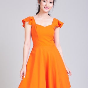 OLIVIA Orange Dress Orange Bridesmaid Dress Swing Dance Dress Tangerine Dress Ruffle Sleeve Sundress Sweetheart Prom Dress Summer Dress image 1