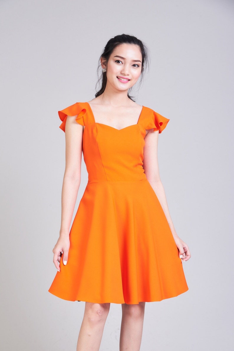 OLIVIA Orange Dress Orange Bridesmaid Dress Swing Dance Dress Tangerine Dress Ruffle Sleeve Sundress Sweetheart Prom Dress Summer Dress image 1