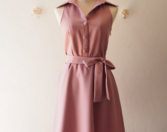 Downtown - Blush Nude Pink Shirt Dress capsule wardrobe timeless women clothing pink summer dress vintage sundress retro Formalwear