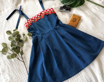 Retro Sundress Apple vintage timeless Denim Dress Tied Straps Red Gingham Flare Pleated Skirt Halloween Cosplay Dress Christmas